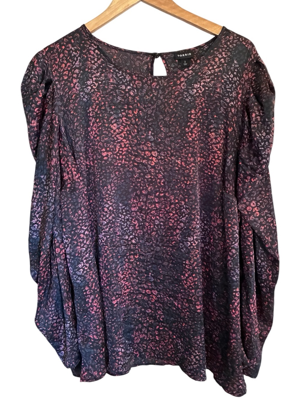 torrid Black Red Pink Leopard Print Puff Sleeve Business Casual Blouse Sz 2 XXL
